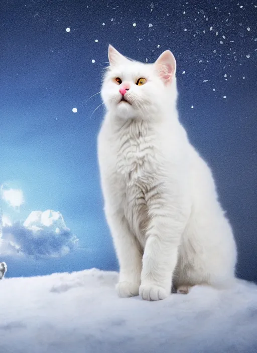 Image similar to giant little baby white cat on a snowy mountain with lightning coming out of its paws, blue sky background with moon