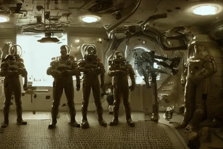 Prompt: sci-fi cinematography of space soldiers sitting in an alien bar. By Emmanuel Lubezki