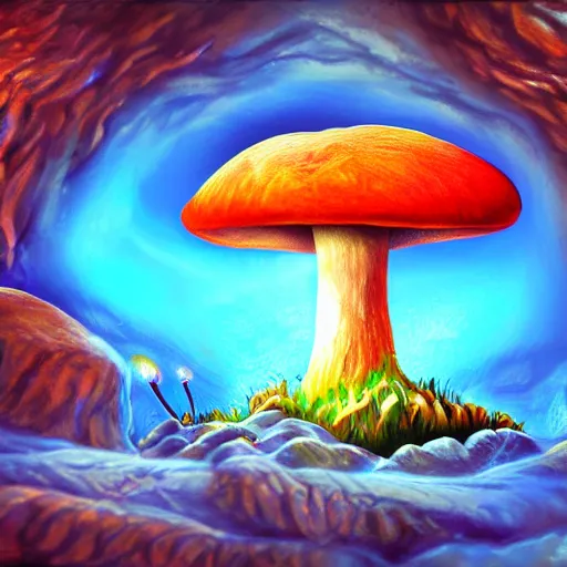 Prompt: mushroom growing in a crystal cave, digital painting, surrealism, psychedelic