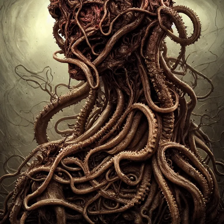 Prompt: ribbed alien face portrait, covered with tentacles, spines, roots and organic rotten flesh meat, baroque painting, standing in a desolate empty wasteland, creepy, nightmare, dream-like heavy atmosphere, surreal abandoned buildings, beautiful detailed intricate insanely detailed octane render trending on Artstation, 8K artistic photography, photorealistic, chiaroscuro, Raphael, Caravaggio, Beksinski, Giger
