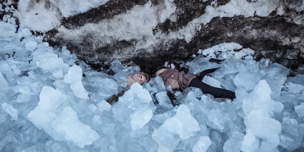 Prompt: bodies trapped in ice in a cold cave