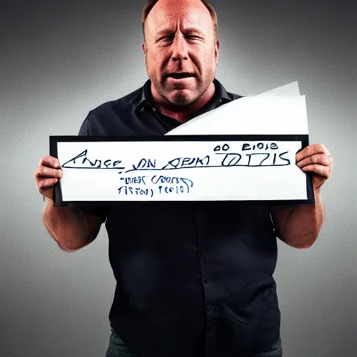 Image similar to alex jones crying while holding a giant cheque, hidden camera, photorealistic, 8k resolution