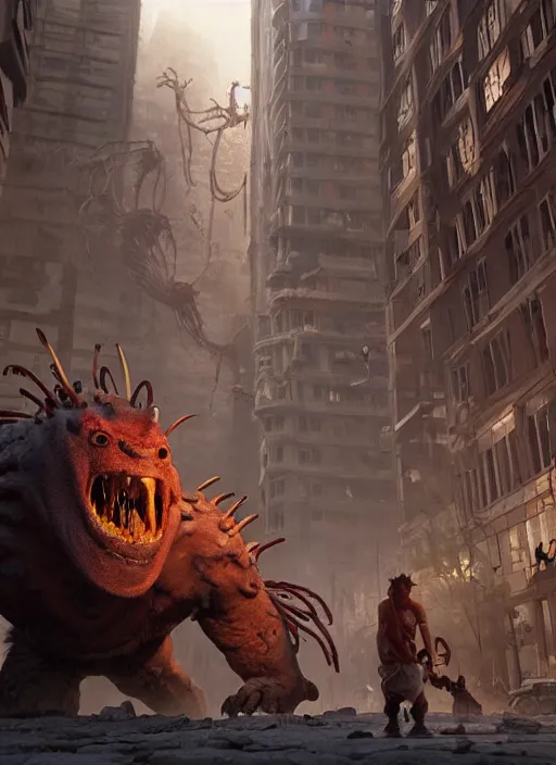 Prompt: epic indigenous monster creature in chaotic toronto downtown, crowd of panicked bystanders. ominous, by eytan zana and balazs agoston, jad saber, aaron limonick, pablo dominguez and florent lebrun and robby johnson, unreal engine 5, denis villeneuve