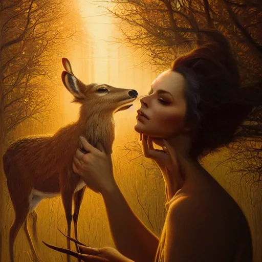 Image similar to a dramatic portrait of a woman showing affection to deer, cinematic lighting, symmetric face by karol bak, christopher balaskas