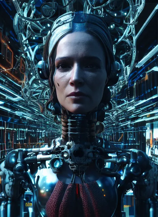 Image similar to 35mm portrait of a sophisticated intricate terminator woman's head on the background of a weird magical mechanical forest .Very detailed 8k. Fantasy cyberpunk horror. Sharp. Unreal 5 render with nanite, global illumination and ray tracing. Cinematic post-processing