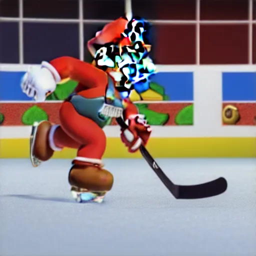 Image similar to super mario playing hockey, highly detailed, extremely high quality, hd, 4 k, 8 k, canon 3 0 0 mm, professional photographer, 4 0 mp, lifelike, top - rated, award winning, realistic, detailed lighting, detailed shadows, sharp, no blur, edited, corrected, trending