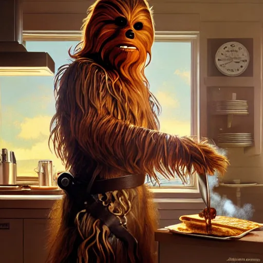 Image similar to portrait of chewbacca wearing an apron making pancakes in a 1 9 7 0 s kitchen, intricate, headshot, highly detailed, digital painting, artstation, concept art, sharp focus, cinematic lighting, illustration, art by artgerm and greg rutkowski, alphonse mucha, cgsociety