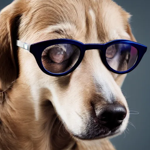 Prompt: portrait of a female dog wearing glasses, photograph, award winning photography, 8 k resolution, macro lens, studio lighting