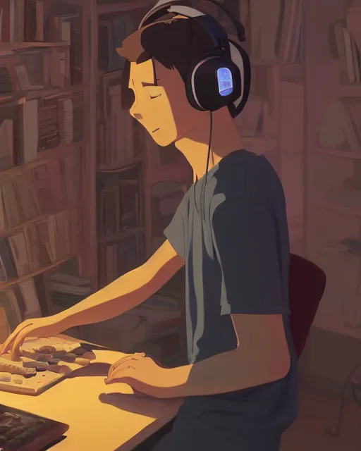 Prompt: producer making music late at night at his home studio with headphones, detailed, cory loftis, james gilleard, atey ghailan, makoto shinkai, goro fujita, studio ghibli, rim light, exquisite lighting, clear focus, very coherent, plain background, soft painting