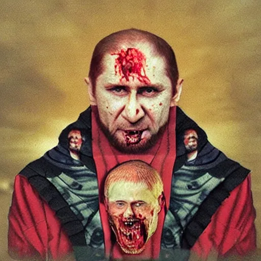 Image similar to ramzan kadyrov became bloody ugly puppet of putin, photo - realistic, color image, 2 k, highly detailed, bodyhorror, occult art