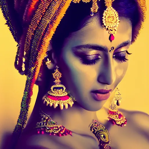 Prompt: portrait photography of indian goddess of the dawn, beautiful woman, elegant, celebration costume, jewellery, highly detailed, hyper realistic, dramatic sky, dawn, pastel, deep gaze, pretty face, glowing, in the style of nick knight