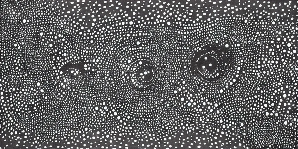 Image similar to deconstructed eye camo, technical, acrylic, teeth, eerie, tribal, clay, dotting, lines, stipple, points, cybernetic, style of old painting, francis bacon art, sleep paralysis, hypnosis, eerie, terror, oil, neon, black and white, splotches, colorful dots, ominous, abstract