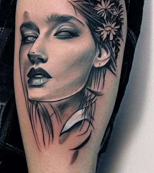 Image similar to tattoo design sketch of a beautiful woman face with a faded background of beautiful mountains and nature on her side, hyper - realistic, in the style of den yakovlev, amazing detail, black and white