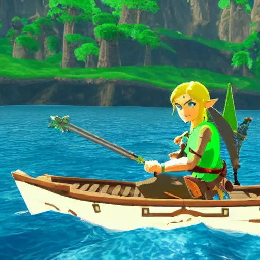 Prompt: link sailing on a boat past an island in the style of breath of the wild