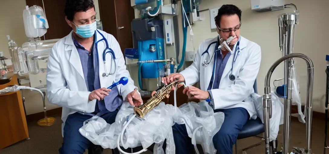 Image similar to doctor playing saxophone made out of clear tubing, syringes, urine collection bag, iv pole, fluid bag, nebulizer equipment, bag - valve mask, defibrillator, coban