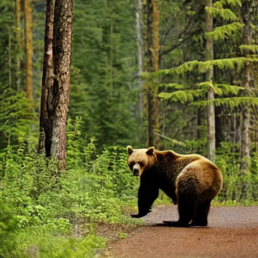 Prompt: a bear chasing a camper in the forest