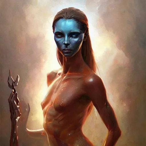 Image similar to an acrylic on canvas portrait painting of a beautiful alien priestess by Greg Rutkowski, Artgerm and Beksinski. Epic fantasy art.