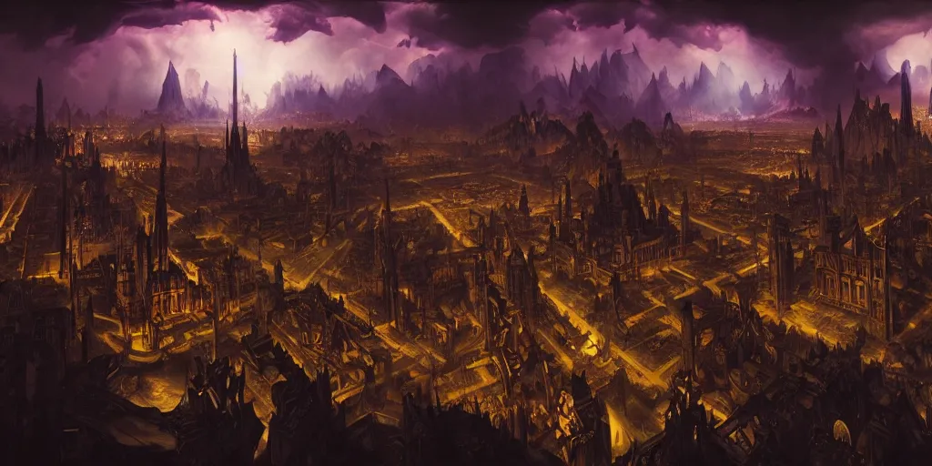 Prompt: axonometric satanic city, by Rolf Armstrong and Evelyn De Morgan and Bastien Lecouffe-Deharme, dramatic lighting, high contrast colors, baroque, empyrean, panoramic view, as trending on Artstation, highly detailed, doom engine,