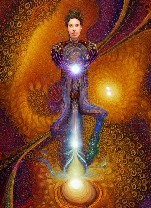 Image similar to high intricate painting of the fractal sandman holding a glimmering galaxy, full shot, neil gaiman, maria panfilova, andrea savchenko, mike kime, ludovic plouffe, qi sheng luo, oliver cook, julian calle, eddie mendoza, trending on artstation