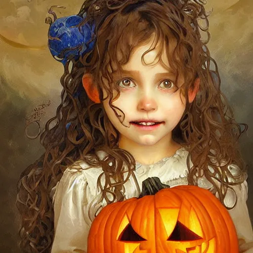Image similar to a cute happy little girl with light brown wavy curly hair and blue eyes sitting amidst piles of skulls and pumpkins. beautiful cute highly detailed face. spooky halloween themed painting by artgerm and greg rutkowski and alphonse mucha.