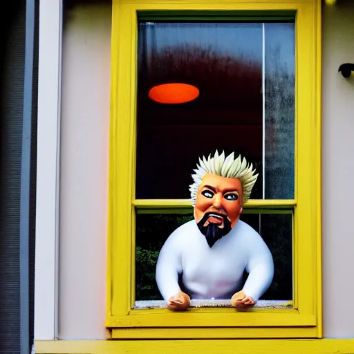 Image similar to guy fieri lawn gnome watching through the window, realistic 4k photo