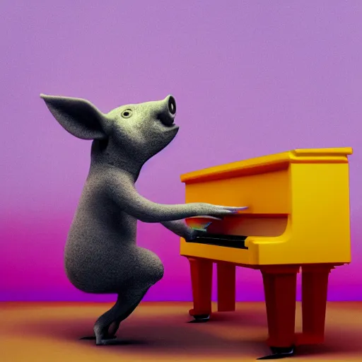 Prompt: a pig playing piano, octane render, volumetric lighting, colorful, happy, surreal, by dave mckean