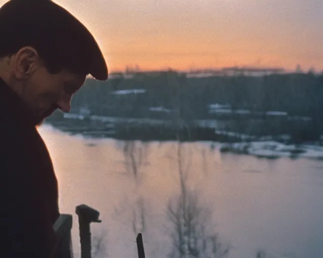 Image similar to award - winning lomographic tarkovsky film still of 4 0 years russian man with beard and sweater standing on small hrushevka 9 th floor balcony in taiga looking at sunset, cinestill, bokeh