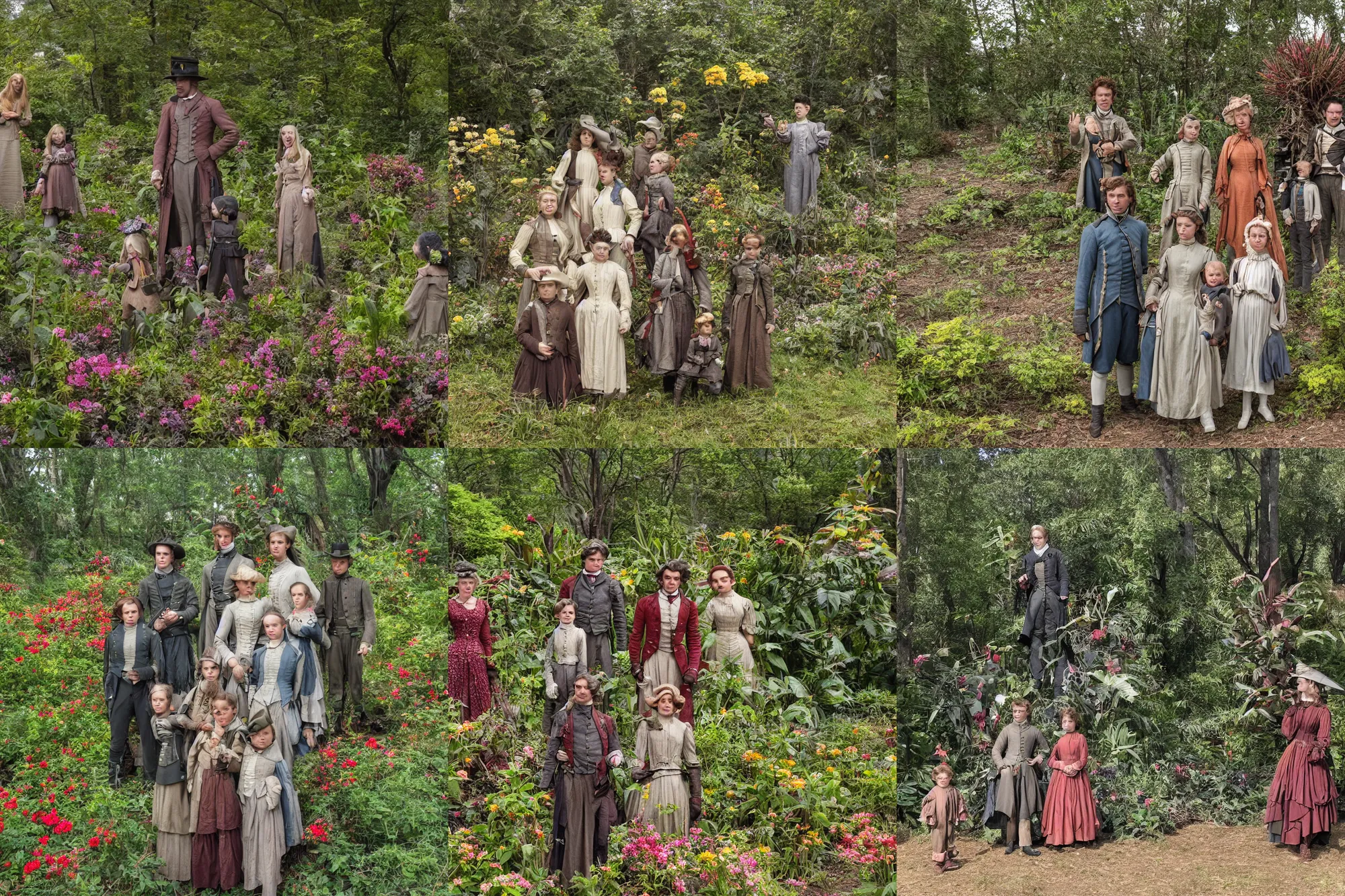 Prompt: sharp, highly detailed, 5120k film, 175000mm film still from a sci fi blockbuster color movie made in 2019, set in 1860, of a family standing in a park, next to some strange alien plants and flowers, on an alien planet, the family are all wearing 1860s era clothes, good lighting, enhanced faces, 350mm f/1.4L lens