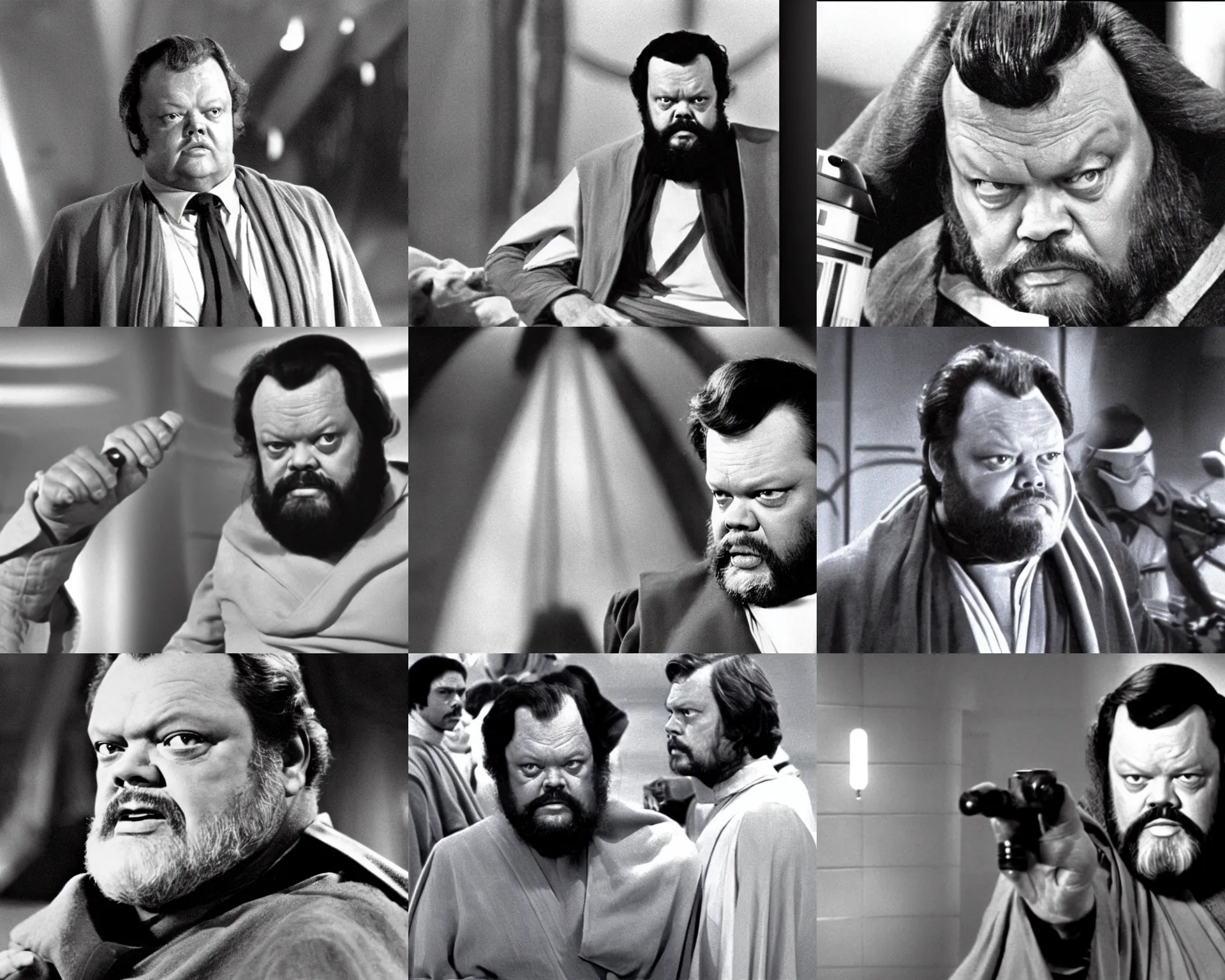 Prompt: orson welles at 4 0 years old in star wars 1 9 7 7, as a jedi, film still