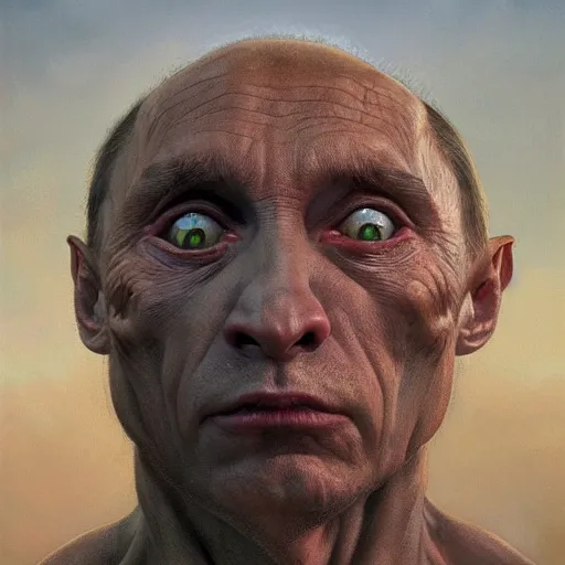 Image similar to vladimir putin, gremlin, macabre by donato giancola and greg rutkowski and wayne barlow and zdzisław beksinski, realistic face, digital art