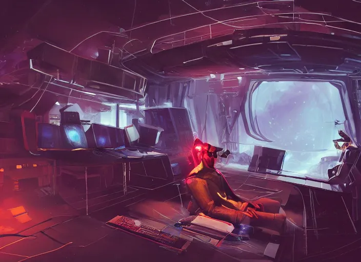 Prompt: a man sitting on a chair with things attached to his head, screens and monitors in front of him playing videos, ship interior, narrow hallway, scifi, dramatic lighting, concept art, surreal