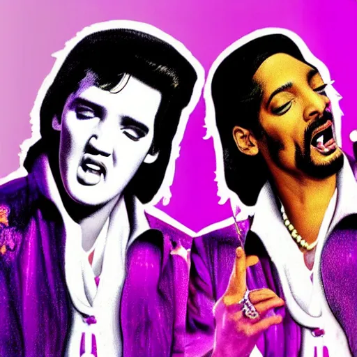 Image similar to elvis presley and snoop dog singing a duet one microphone, in las vegas, detailed, beautiful, colorful, promotional poster, digital art