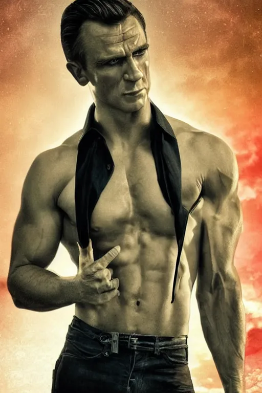 Image similar to synthwave romance novel cover with james bond, long swept back blond hair, chiseled good looks, muscular arms and chest, digital art