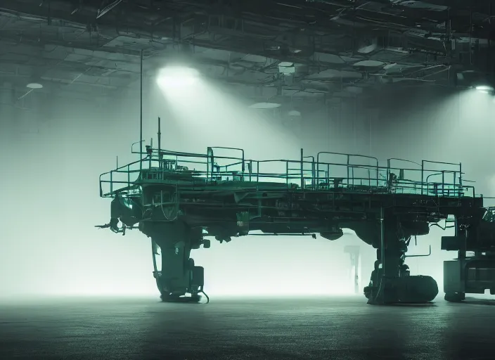 Prompt: enormous machine standing alone in a factory, green ambient light, light fog, creepy, cinematic still, 4k,