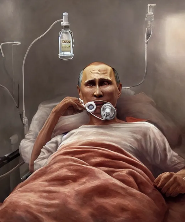 Image similar to a super very hyperrealistic oil painting of ill Vladimir Putin as a patient wearing an oxygen mask on a death bed inhaling from Copium tank that stand near his bed, visible face, artstation, matte painting, highly detailed, intricate, concept art, dramatic cinematic lighting