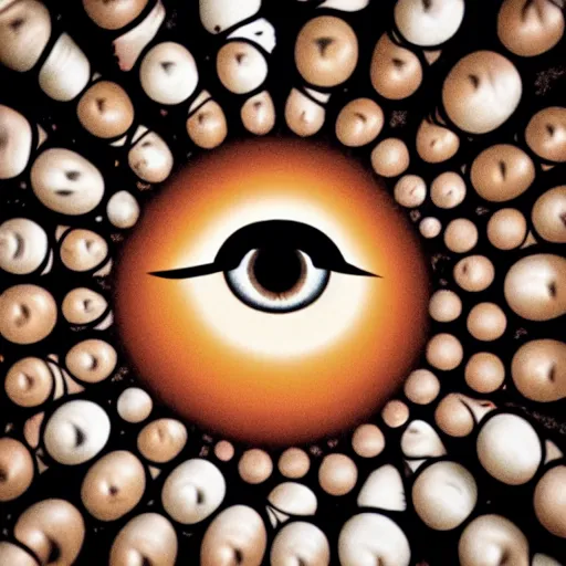 Image similar to a giant eye looking down on a crowd of people in the style of a cave painting