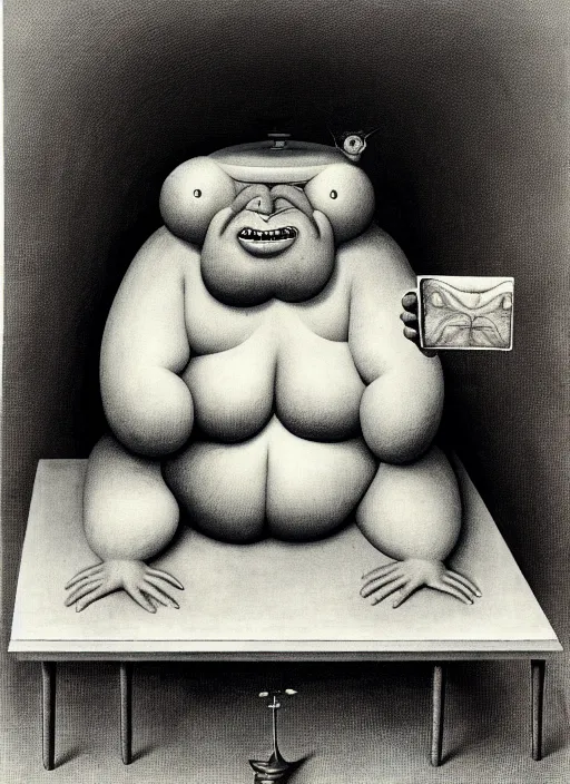 Image similar to fat monster sitting on chair looking at his smartphone, hysterical, sweat, fat, frustrated, art by gertrude abercrombie hans bellmer and william blake