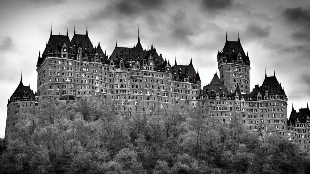 Image similar to Quebec Chateau Frontenac Castle in the style of Scary Stories to tell in the Dark