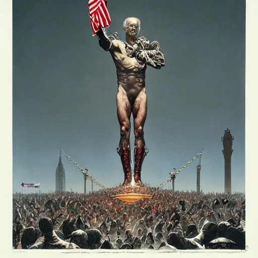 Prompt: immense, majestic, surreal, terrifying joe biden standing triumphant over the national mall, perfectly clear face, by j. c. leyendecker and beksinski