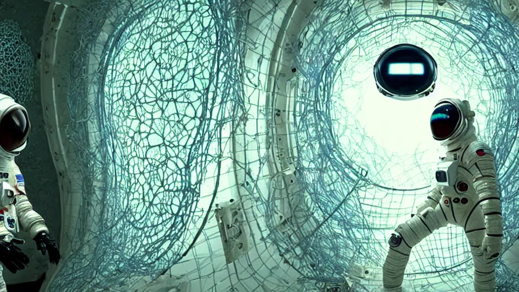 Image similar to a cybernetic symbiosis of a single astronaut eva suit with diamond 3d fractal lace iridescent bubble 3d skin covered with insectoid compound eye camera lenses floats through the living room, film still from the movie directed by Denis Villeneuve with art direction by Salvador Dalí, wide lens,