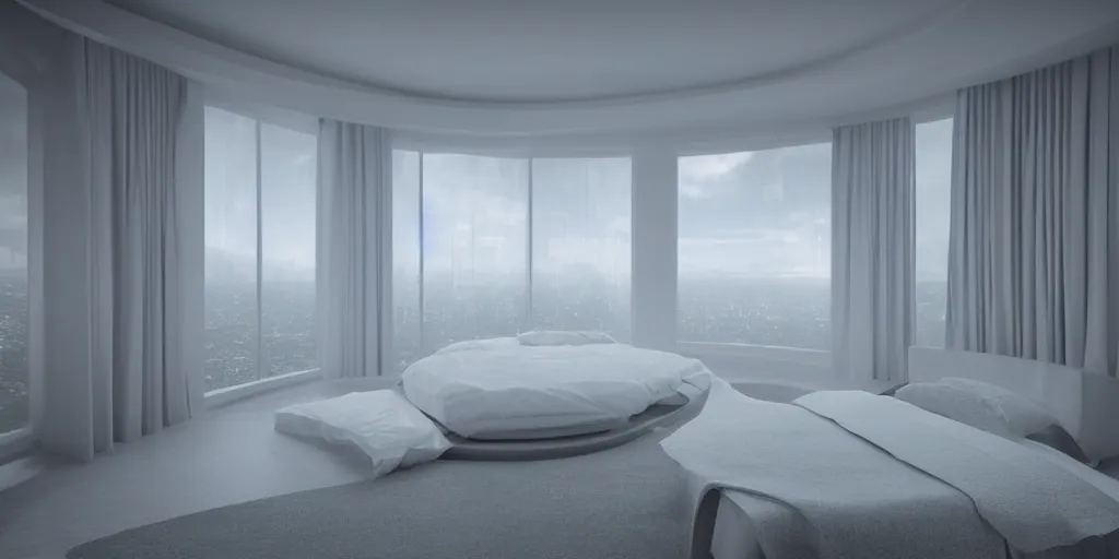 Prompt: a white futuristic bed in a futuristic minimalistic room with a huge window overlooking space, photorealistic, cinematic, octane render