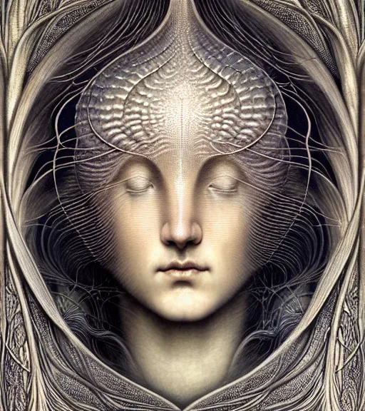 Image similar to detailed realistic beautiful shell goddess face portrait by jean delville, gustave dore, iris van herpen and marco mazzoni, art forms of nature by ernst haeckel, art nouveau, symbolist, visionary, gothic, neo - gothic, pre - raphaelite, fractal lace, intricate alien botanicals, ai biodiversity, surreality, hyperdetailed ultrasharp octane render