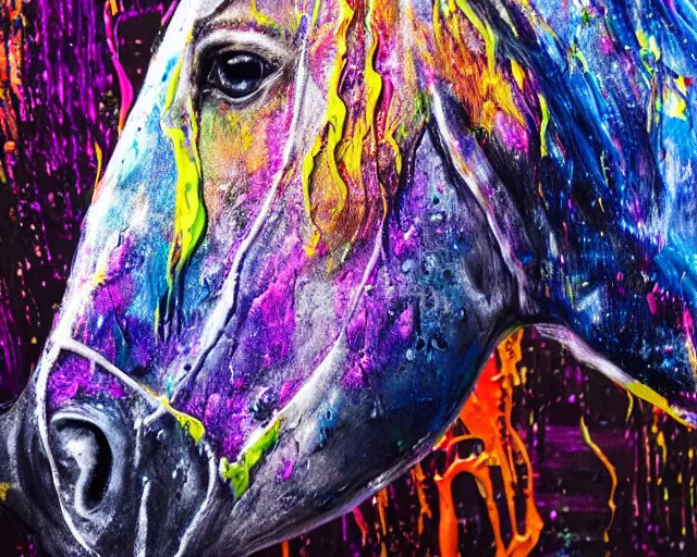 Prompt: still shot close up footage of the portrait of a horse head made of acrylic pour and coloured powder explosion and splashing paint and dripping paint and flying paint chunks, motion blur, hyperrealistic, medical, intricate art photography, anatomically correct, realistic crisp textures, 1 6 k