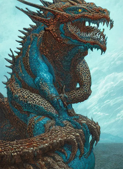 Image similar to a photographic portrait of a dragon by gustave dore and raphael lacoste and dan mumford, trending on artstation, a leopard - like sea beast, a two - horned earth beast, natural earth tone colors, cerulean blue, cyan, red