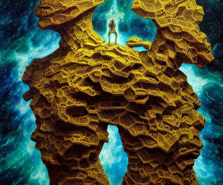 Image similar to hyper detailed 3d render like a Oil painting - atlas dramatically supporting the galaxy on his shoulders, by Jacek Yerka, Mariusz Lewandowski, Houdini algorithmic generative render, Abstract brush strokes, Masterpiece, Edward Hopper and James Gilleard, Zdzislaw Beksinski, Mark Ryden, Wolfgang Lettl, hints of Yayoi Kasuma, octane render, 8k