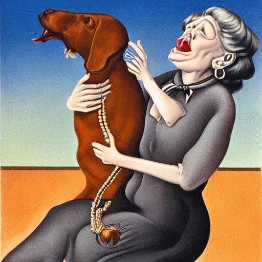 Image similar to a surrealist image of an old woman swallowing a whole dog