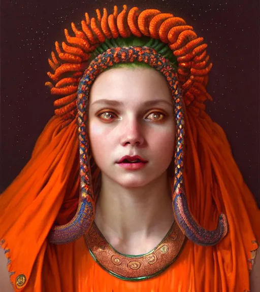 Image similar to portrait of teenage medusa, bald, naughty smile, coral snakes cover her head, wearing an embroidered orange tunic, intricate, elegant, copper and emerald jewelry, glowing lights, highly detailed, digital painting, artstation, concept art, smooth, sharp focus, illustration, art by wlop, mucha, artgerm, and greg rutkowski