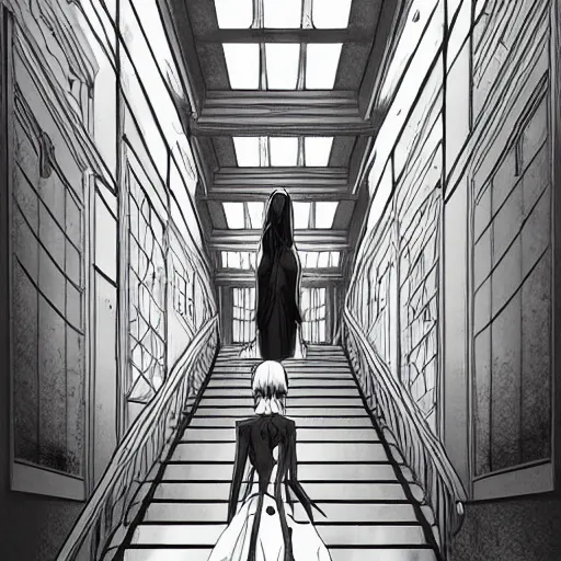 Prompt: a creepy woman walking through a bright white staircase with many doors and hallways, mc escher architecture, very detailed background, epic composition, anime key visual, anime style, by makoto shinkai