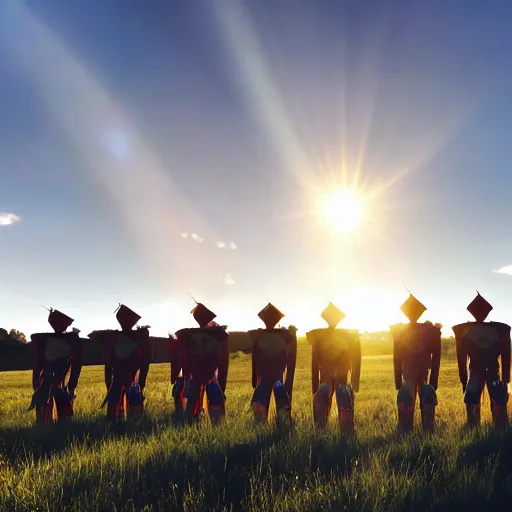 Prompt: a photo taken on a phone of a group of pike men standing in formation on a grassy field, sun flare.