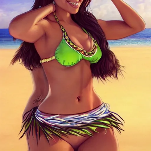 Prompt: beautiful hula dancer in a bikini on the beach drawn by artgerm